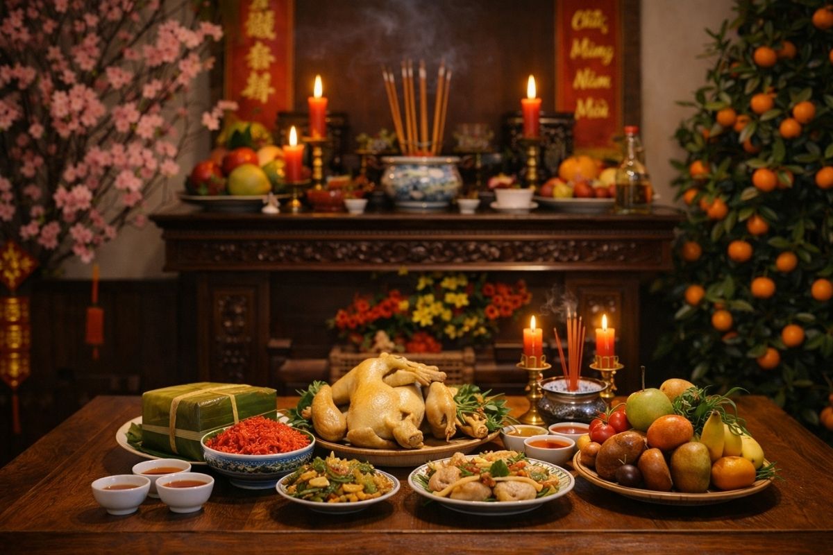 mâm cúng Tất niên cơ bản với gà luộc, bánh chưng và hoa tươi