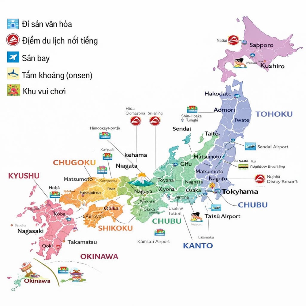 Bản đồ du lịch Nhật Bản tập trung vào các điểm đến nổi bật, tuyến tham quan và khu vực thu hút du khách