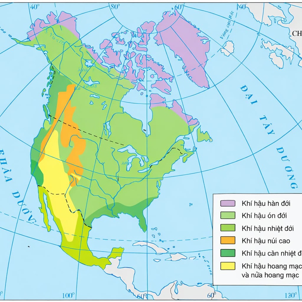 Bản đồ khí hậu Bắc Mỹ cho thấy sự phân hóa rõ rệt