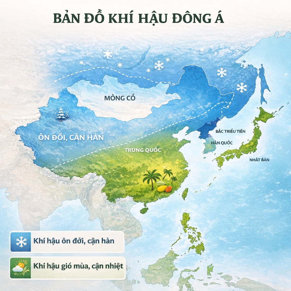 Bản đồ khí hậu Đông Á cho thấy sự phân hóa rõ rệt