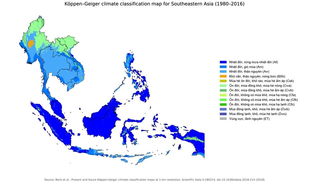 Bản đồ khí hậu Đông Nam Á phản ánh đặc trưng khí hậu nhiệt đới gió mùa, với hai mùa mưa