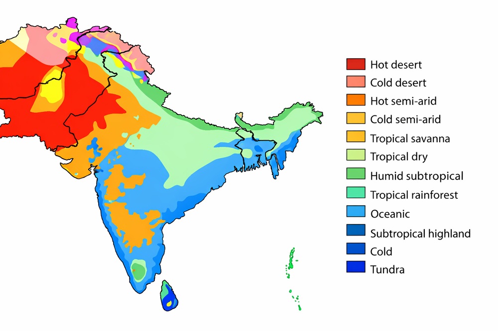 Bản đồ khí hậu Nam Á cho thấy đặc trưng nổi bật của khí hậu