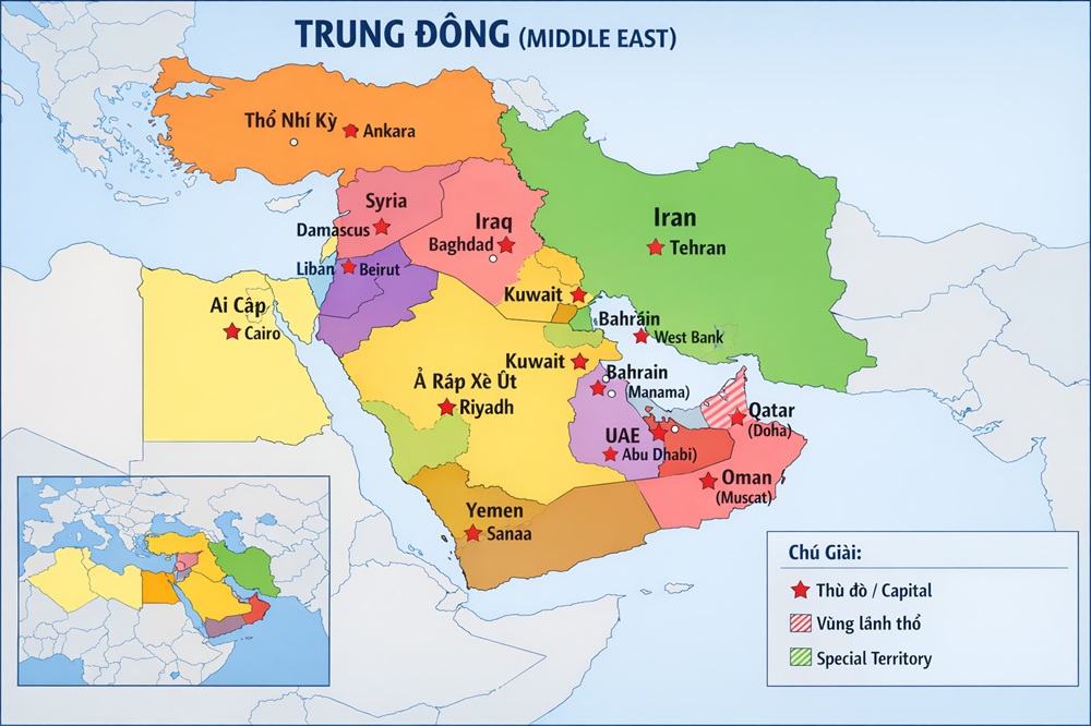 Bản đồ khí hậu Trung Đông thể hiện rõ các vùng khí hậu khô hạn