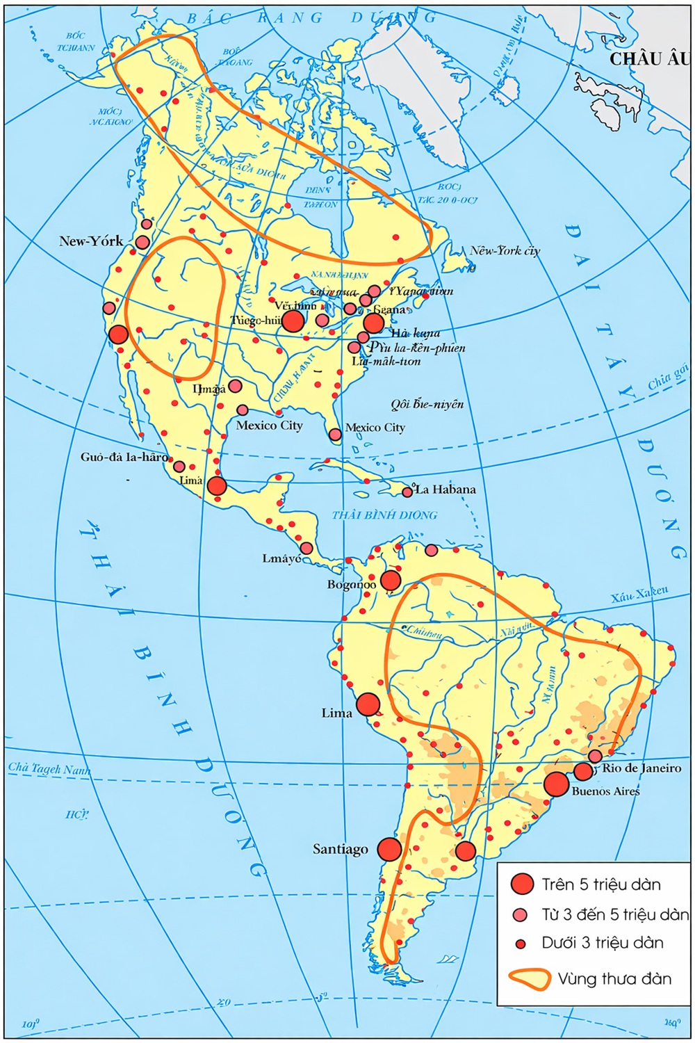 Bản đồ dân số Châu Mỹ thể hiện mật độ phân bố dân cư giữa các khu vực