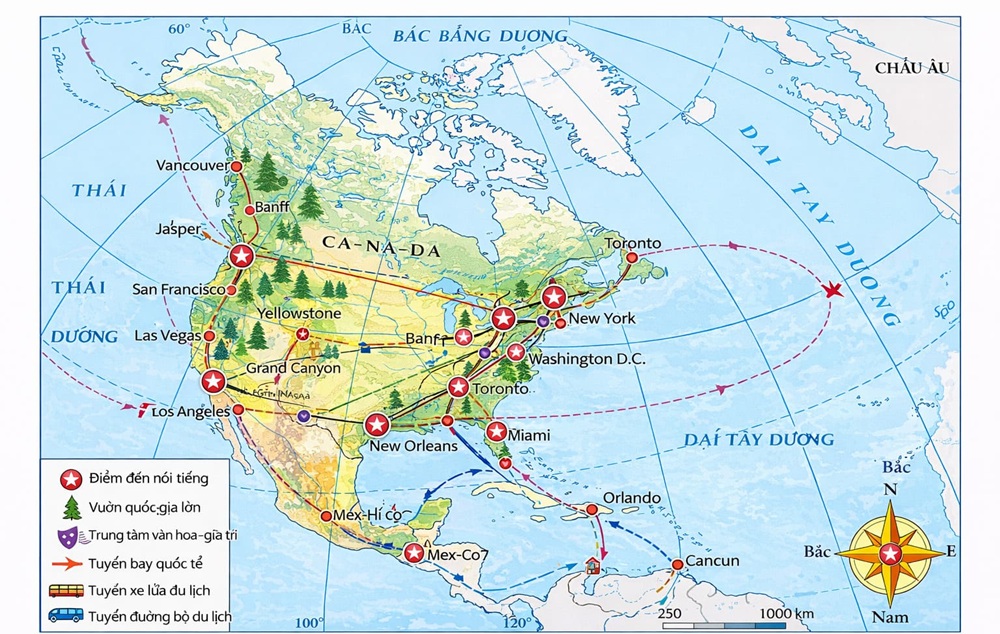 Bản đồ du lịch Bắc Mỹ làm nổi bật các điểm đến nổi tiếng