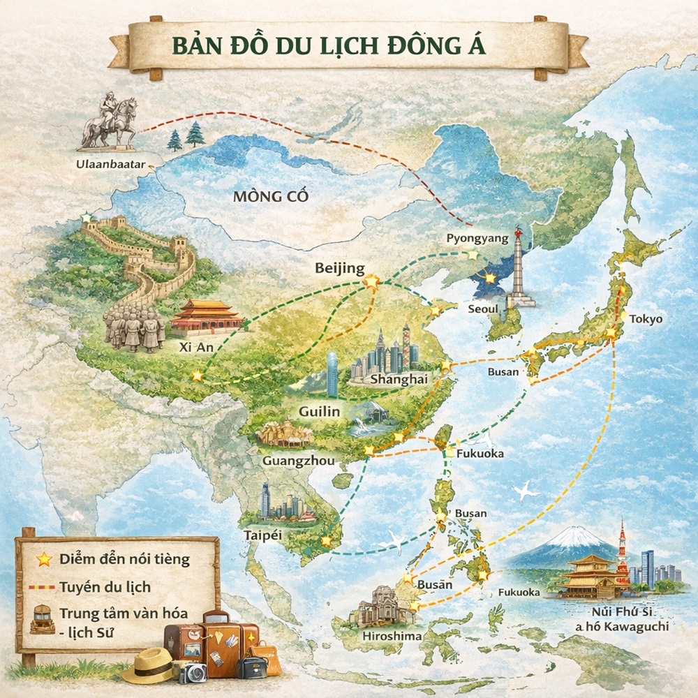 Bản đồ du lịch Đông Á làm nổi bật điểm đến nổi tiếng