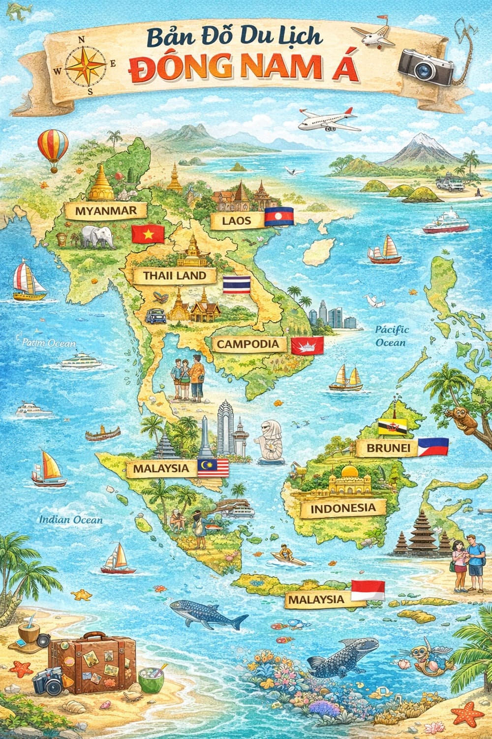 Bản đồ du lịch Đông Nam Á tập trung thể hiện các điểm đến nổi bật, di sản văn hóa, bãi biển
