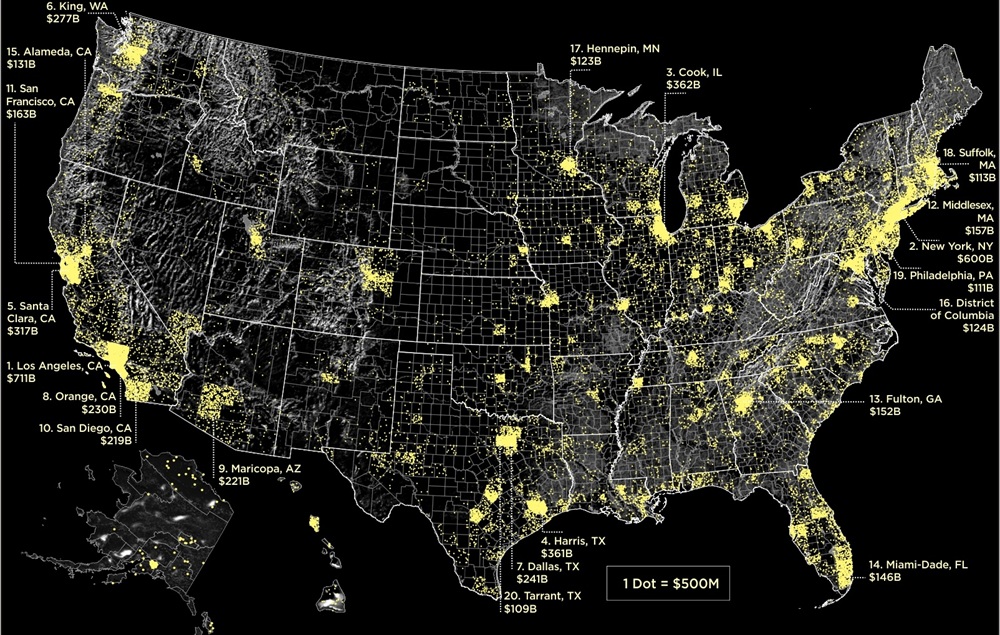 Bản đồ kinh tế Châu Mỹ tập trung thể hiện các trung tâm kinh tế