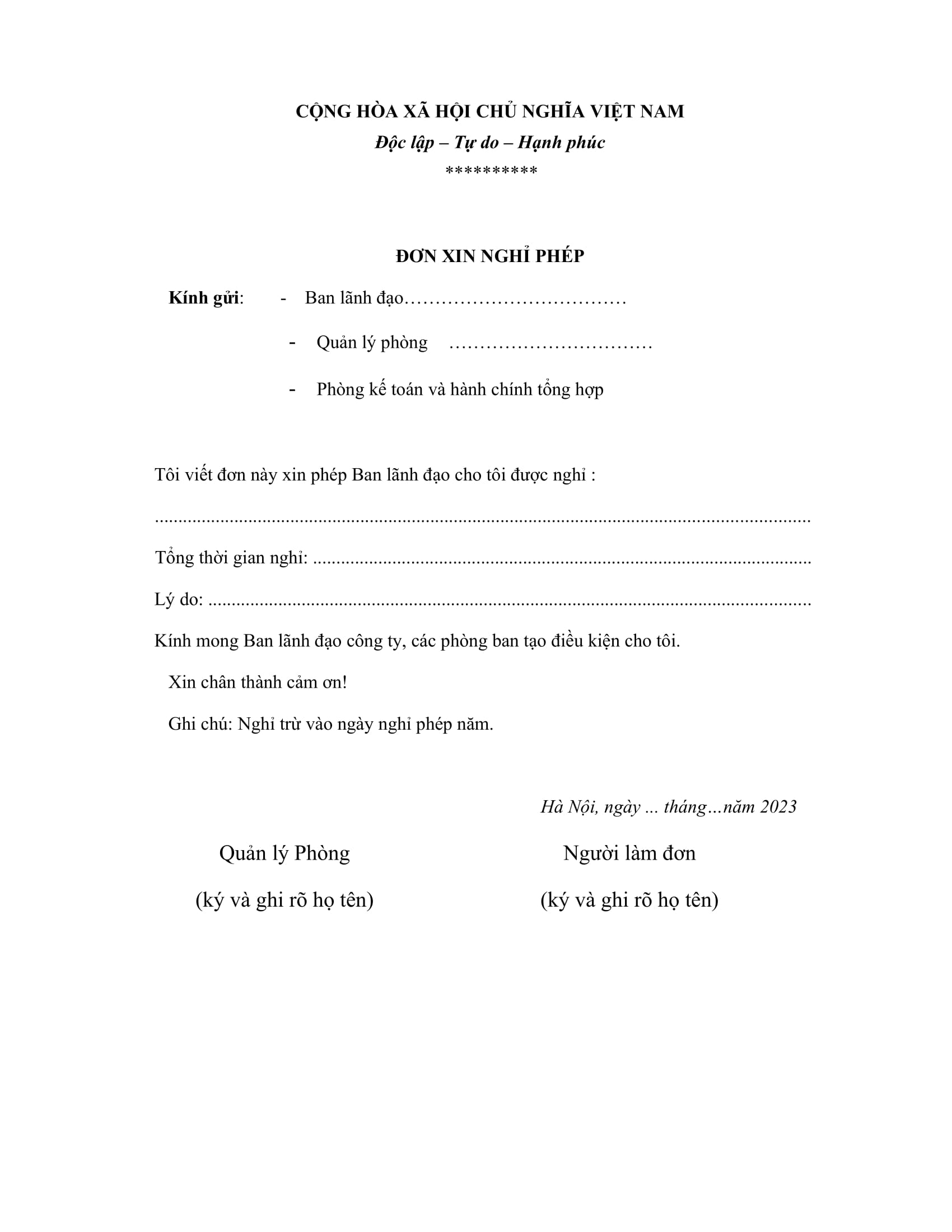 Mẫu đơn xin nghỉ phép năm