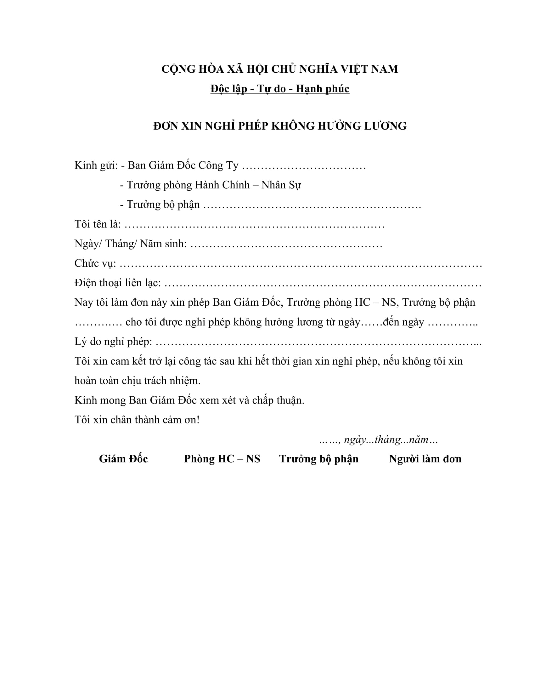 Mẫu đơn xin nghỉ phép không lương