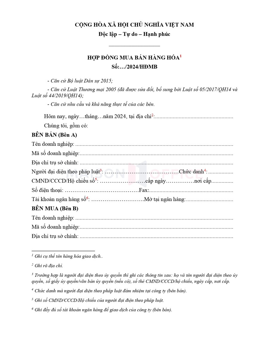 Mẫu hợp đồng mua bán hàng hóa
