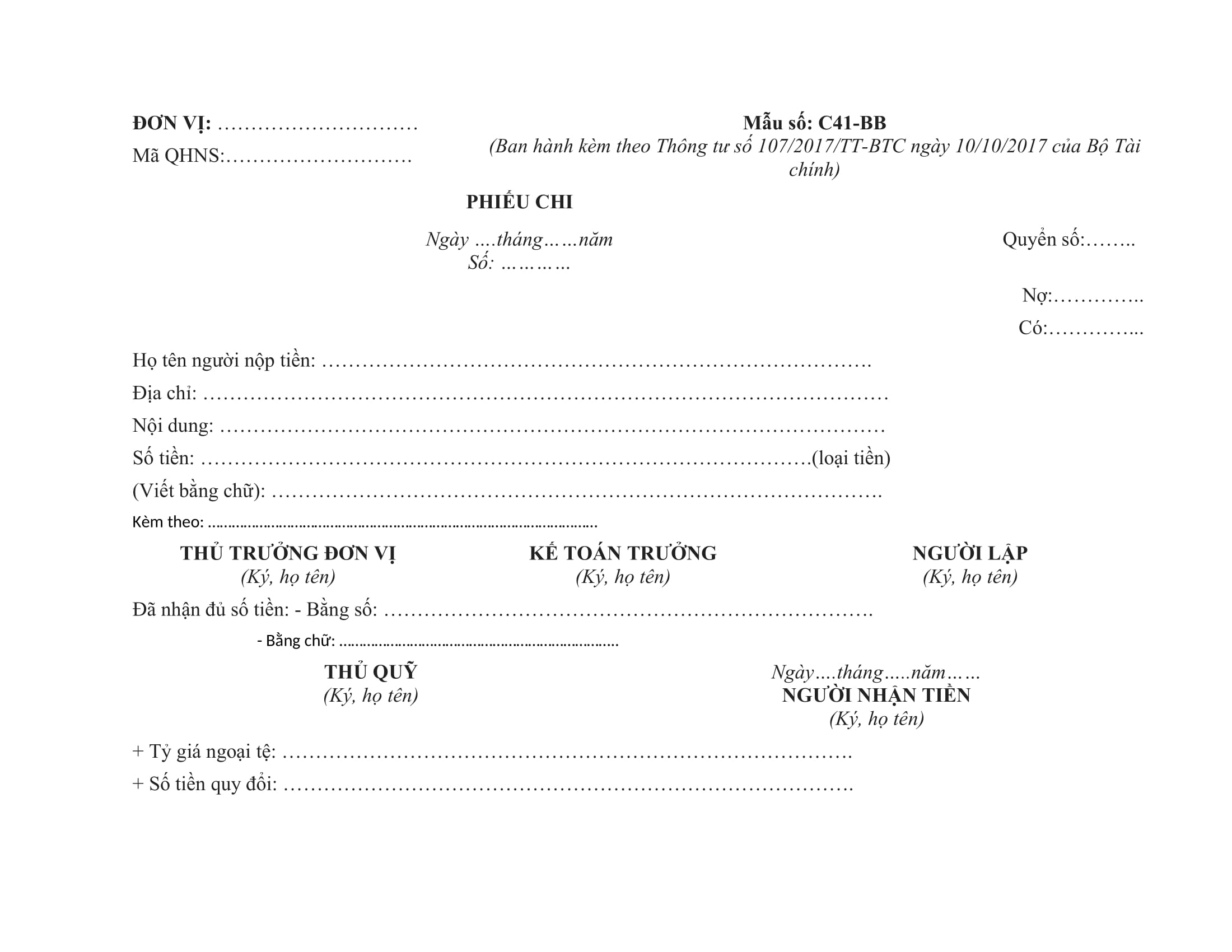 Mẫu phiếu chi theo quy định mới