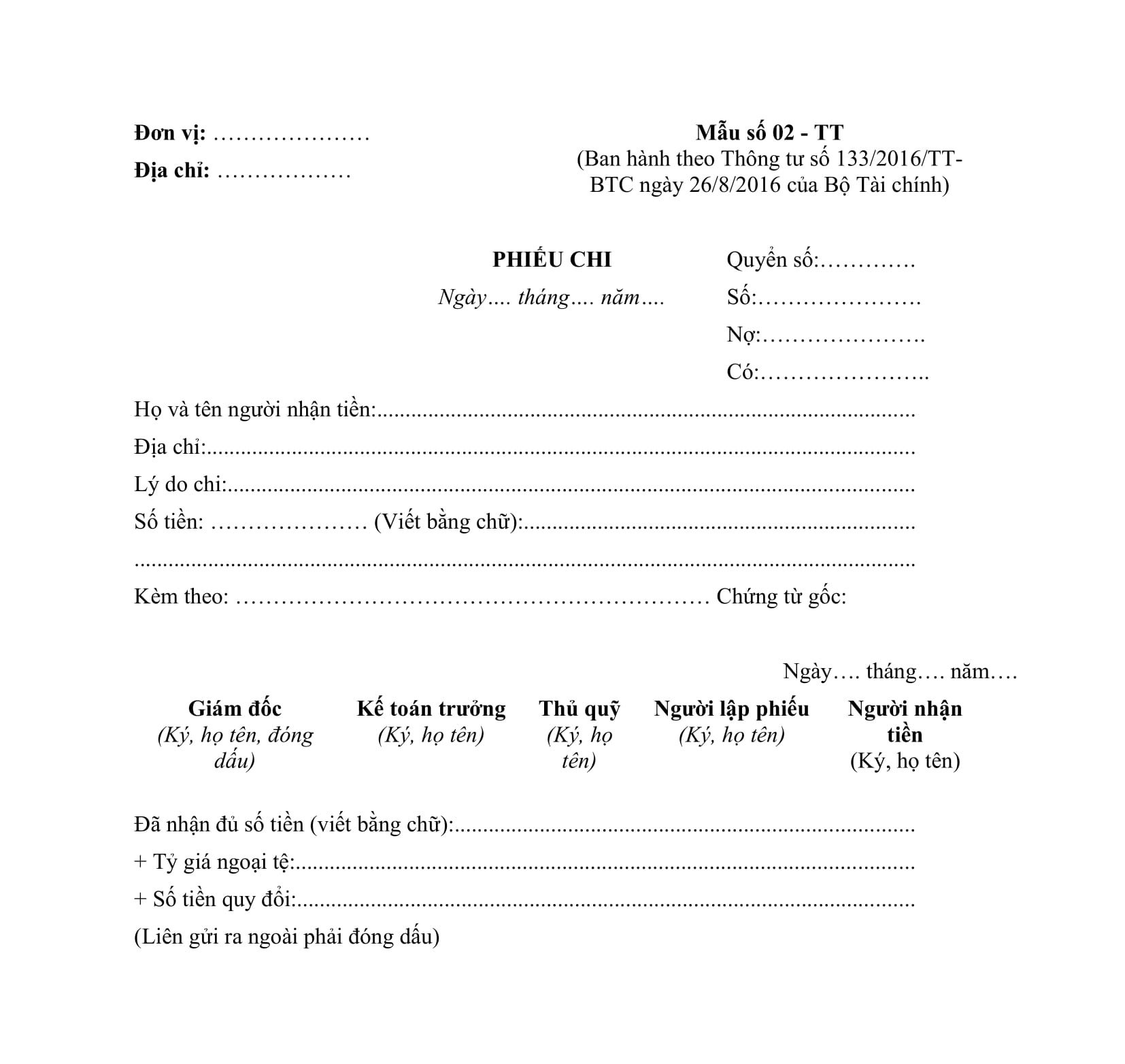 Mẫu phiếu chi theo quy định mới