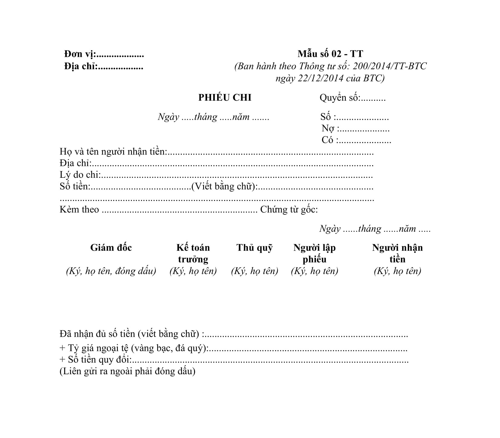 Mẫu phiếu chi theo quy định mới