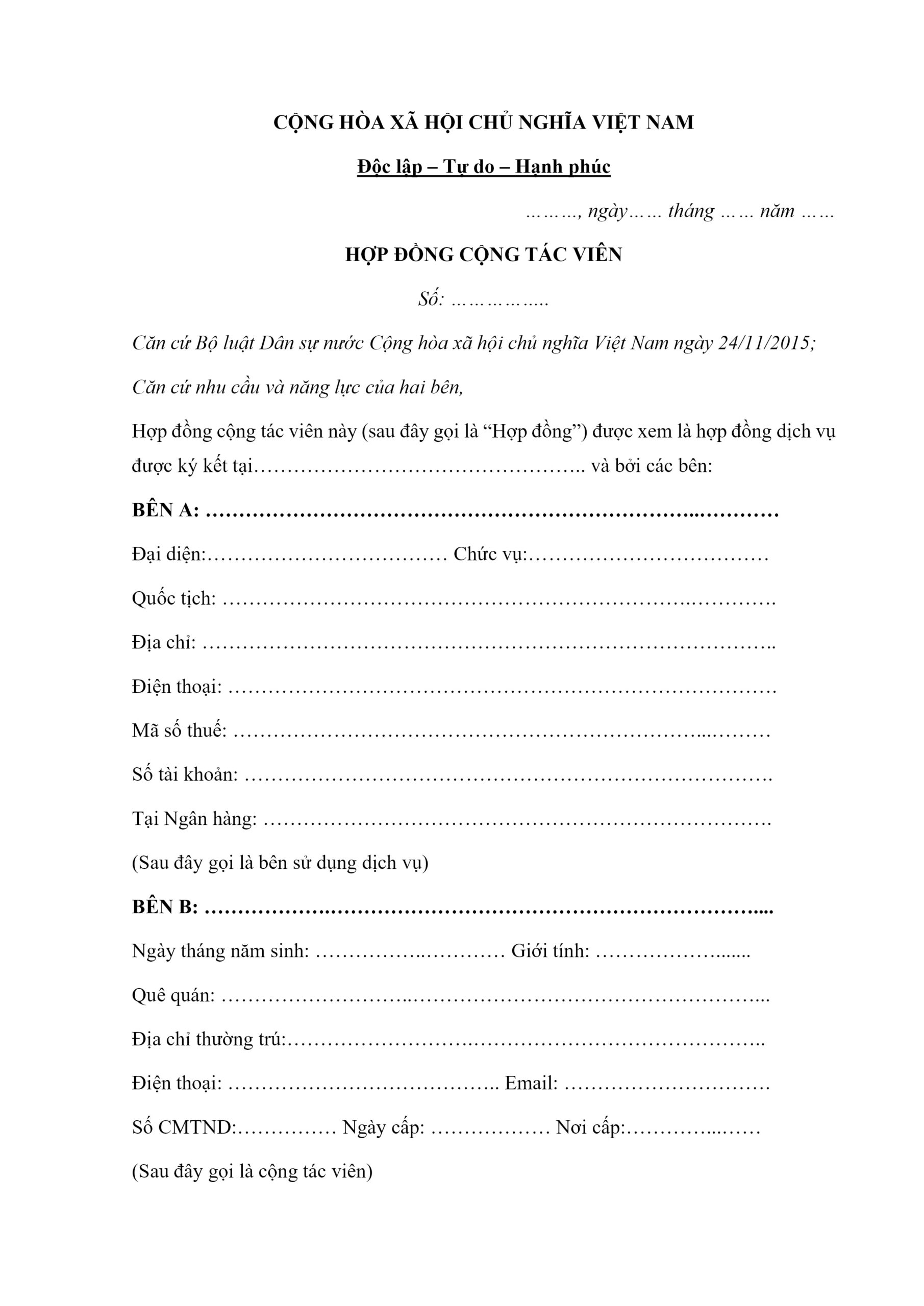 Mẫu hợp đồng CTV dịch vụ