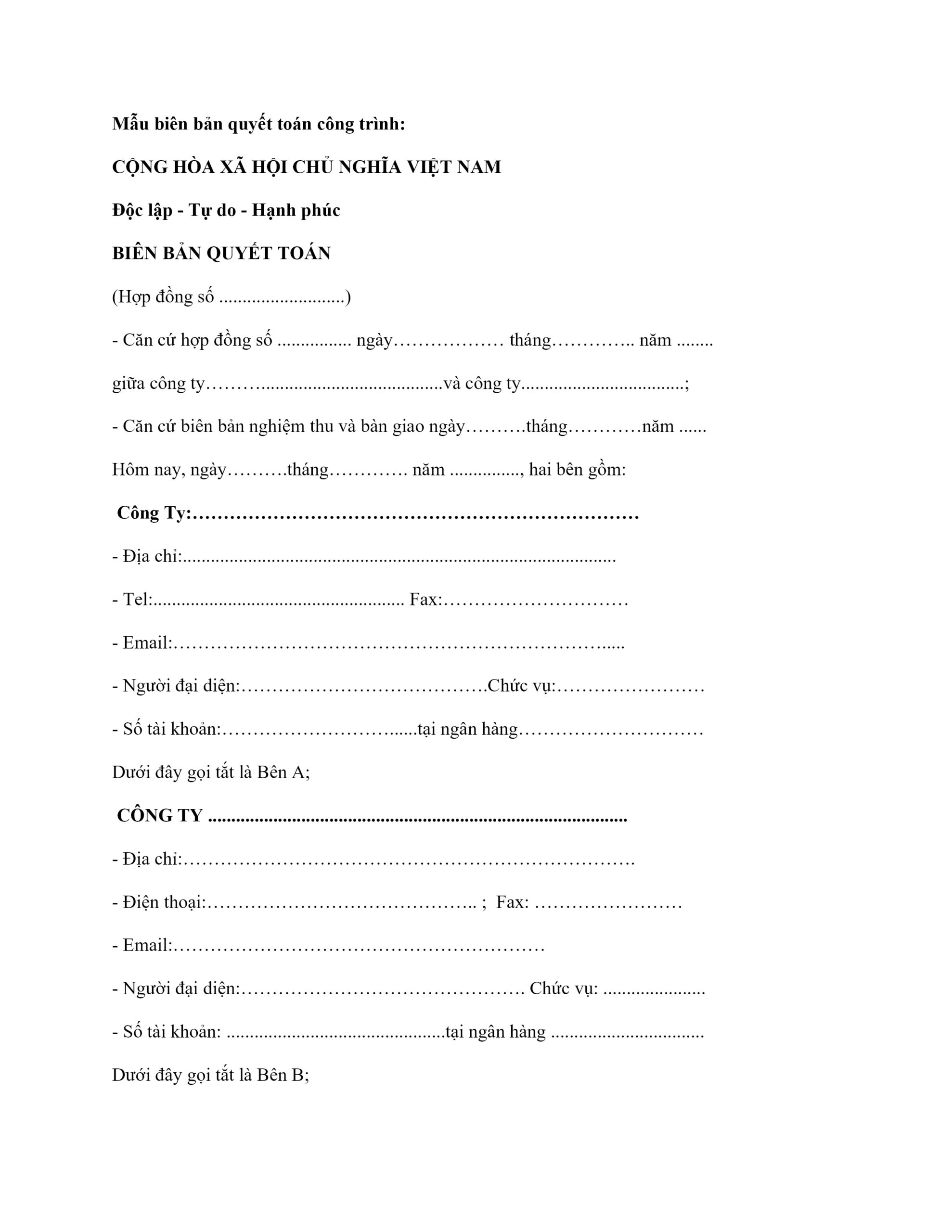 Mẫu biên bản nghiệm thu công việc