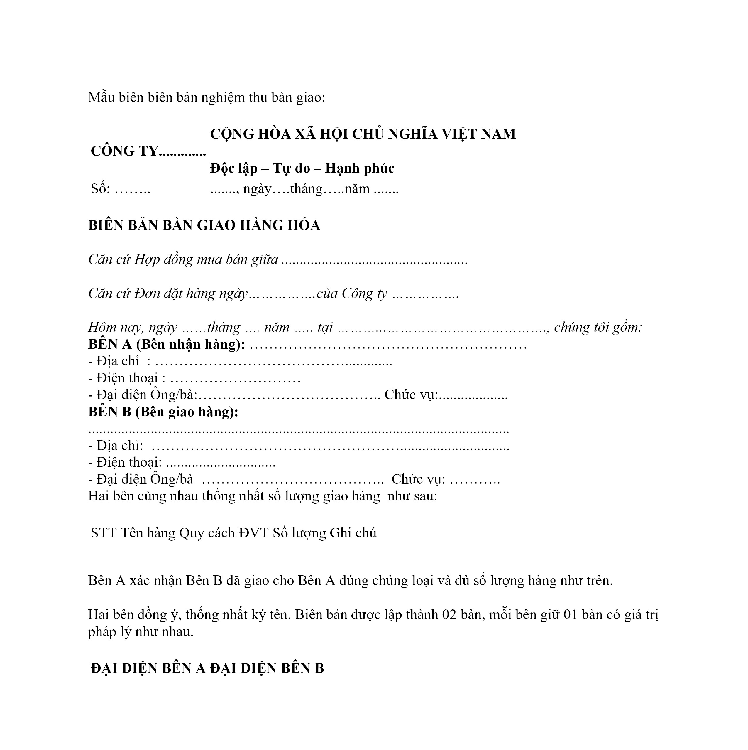 Mẫu biên bản nghiệm thu công việc