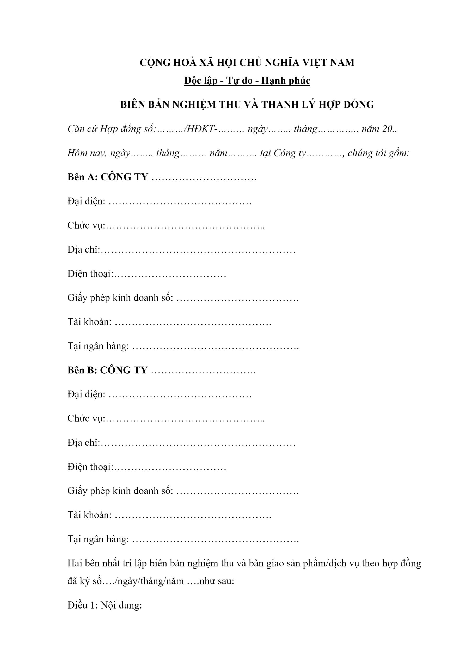 Mẫu biên bản nghiệm thu và thanh lý hợp đồng