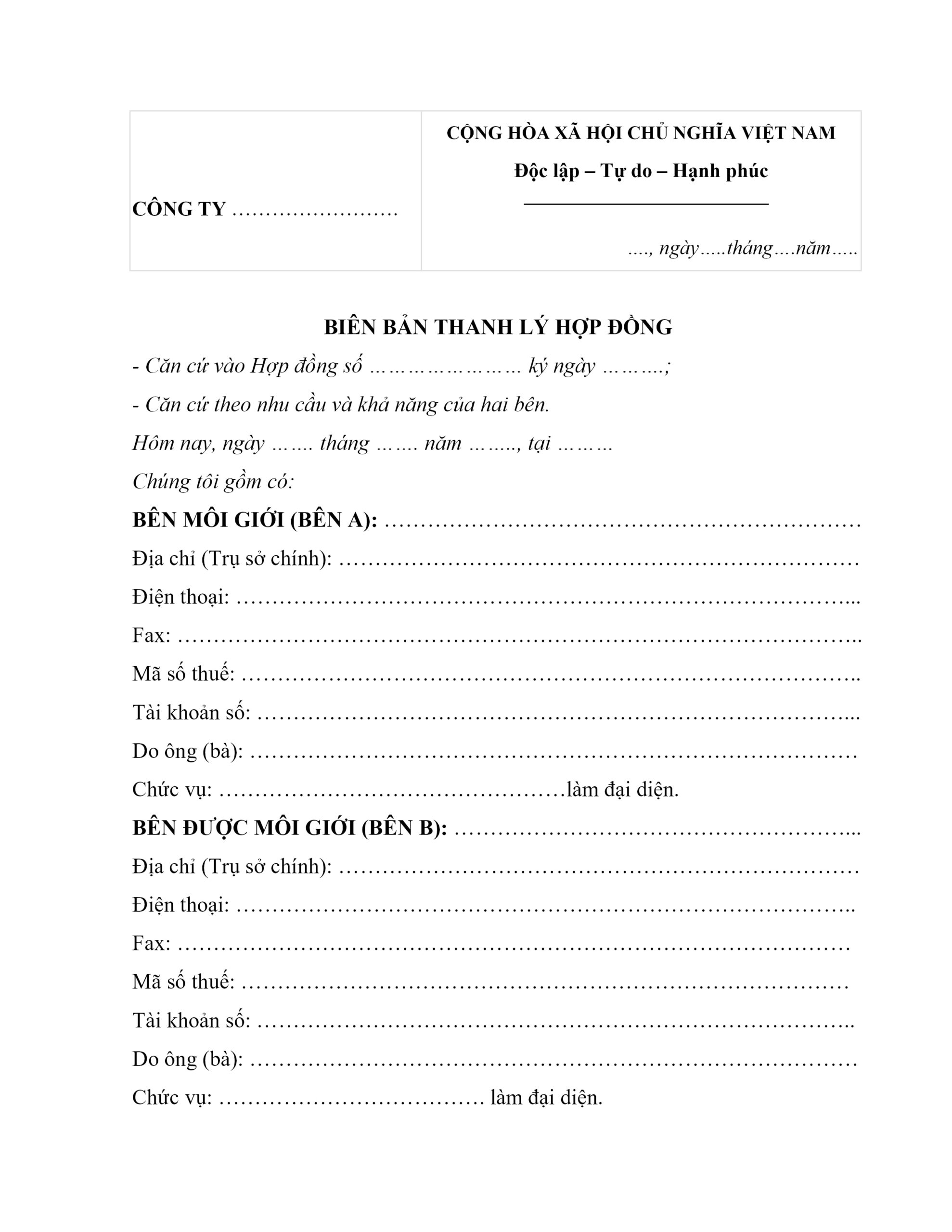 Mẫu biên bản thanh lý hợp đồng môi giới