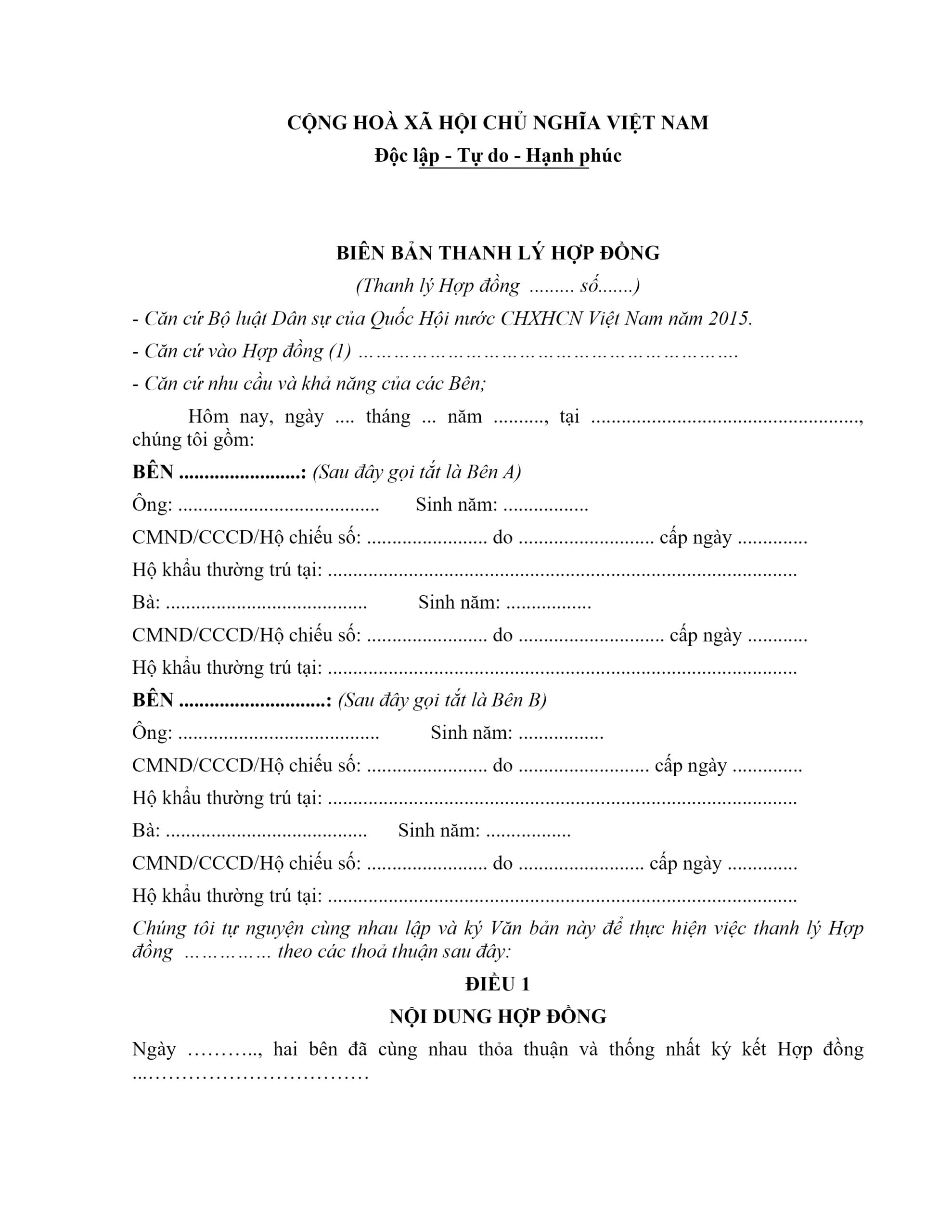 Mẫu biên bản thanh lý hợp đồng chung