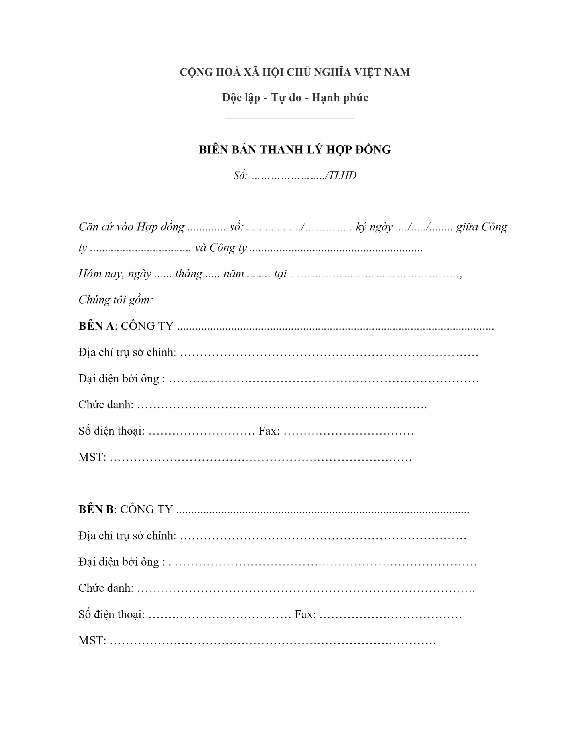 Mẫu biên bản thanh lý hợp đồng dịch vụ