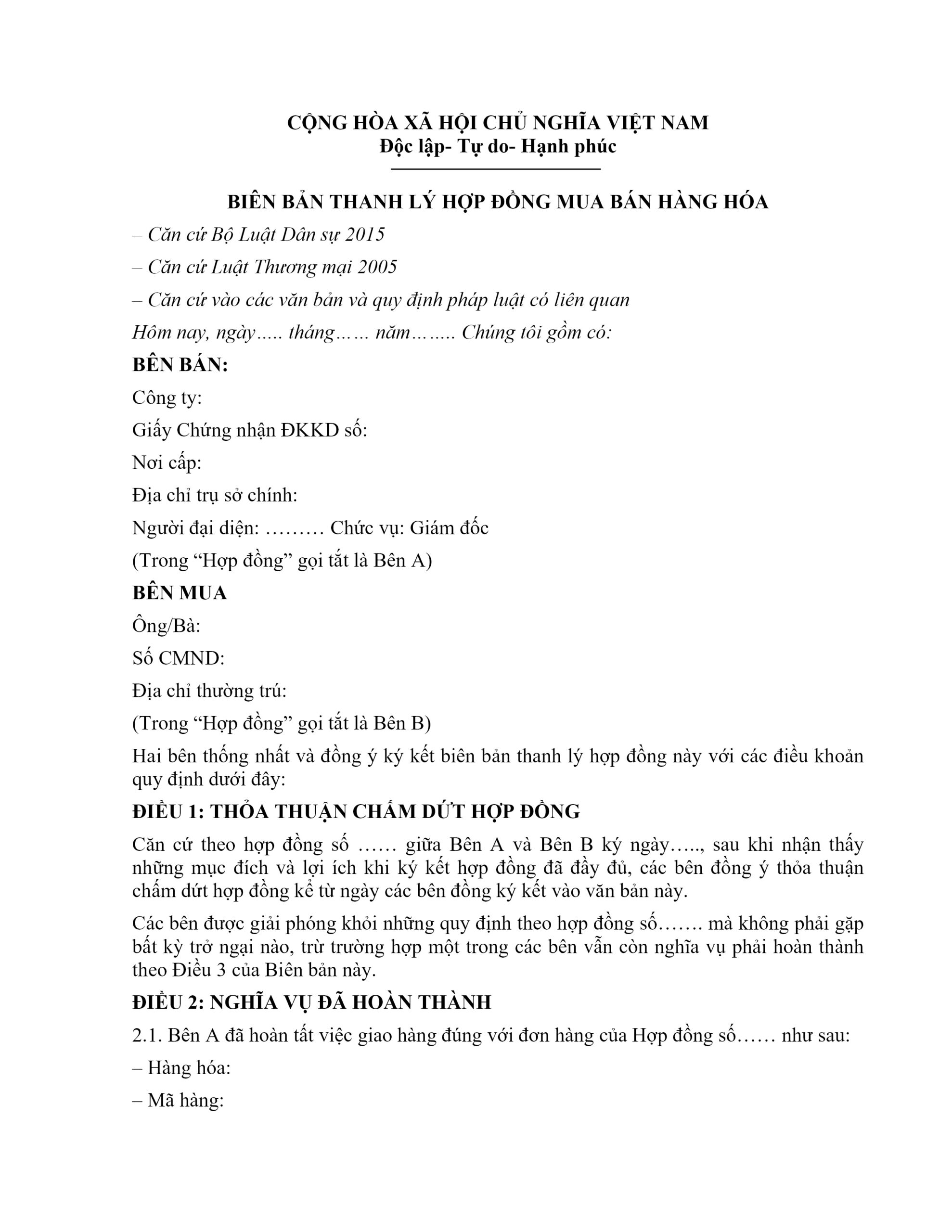 Mẫu biên bản thanh lý hợp đồng mua bán hàng hóa