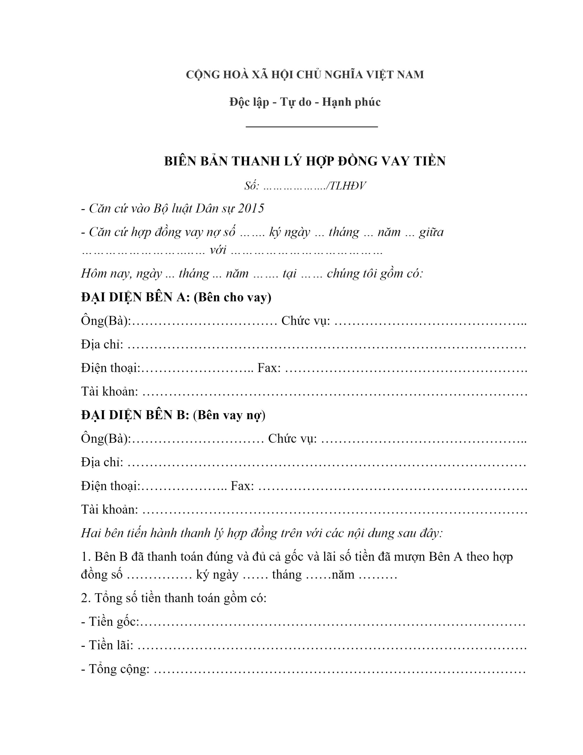 Mẫu biên bản thanh lý hợp đồng vay tiền