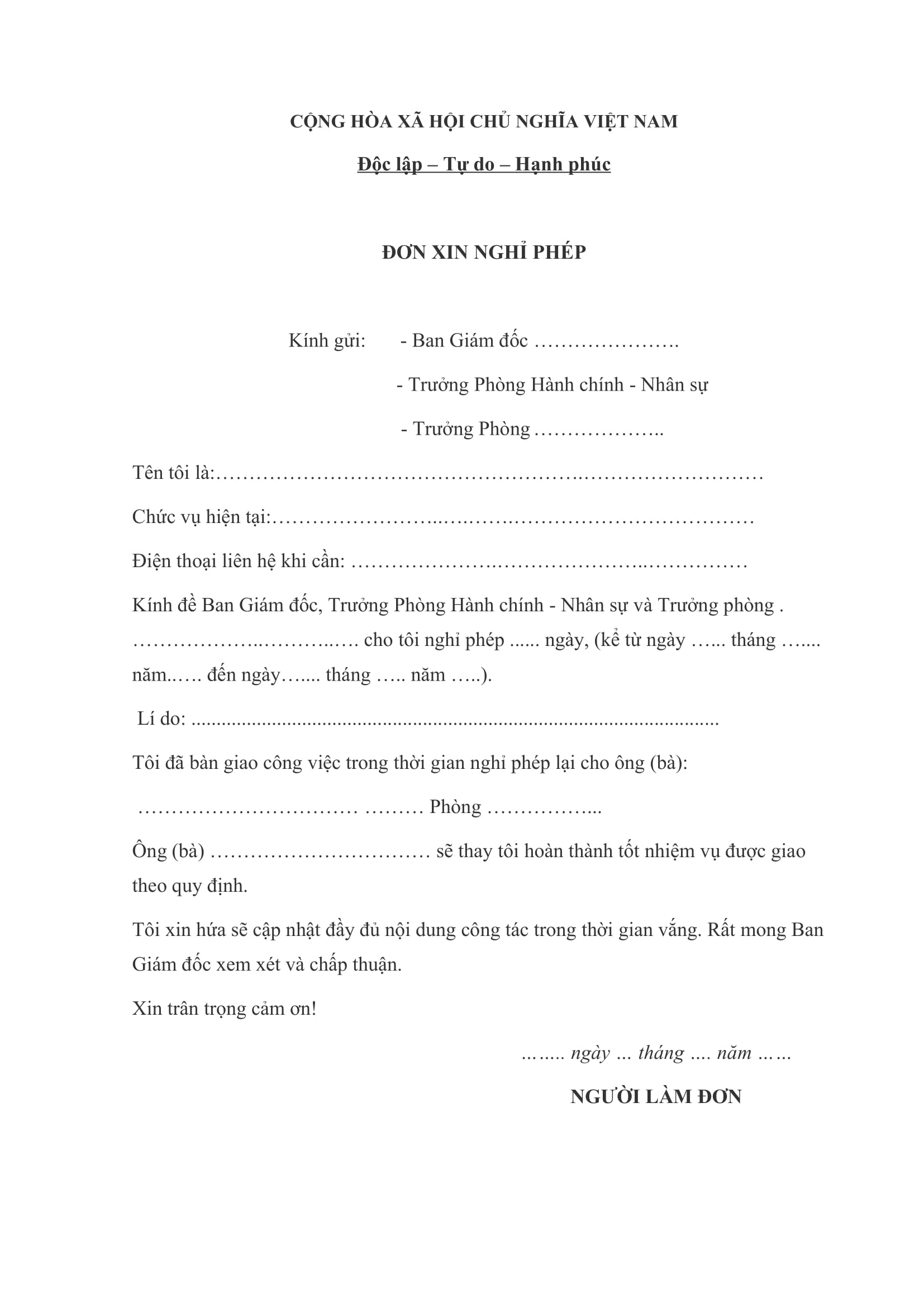 Mẫu đơn xin nghỉ phép công ty