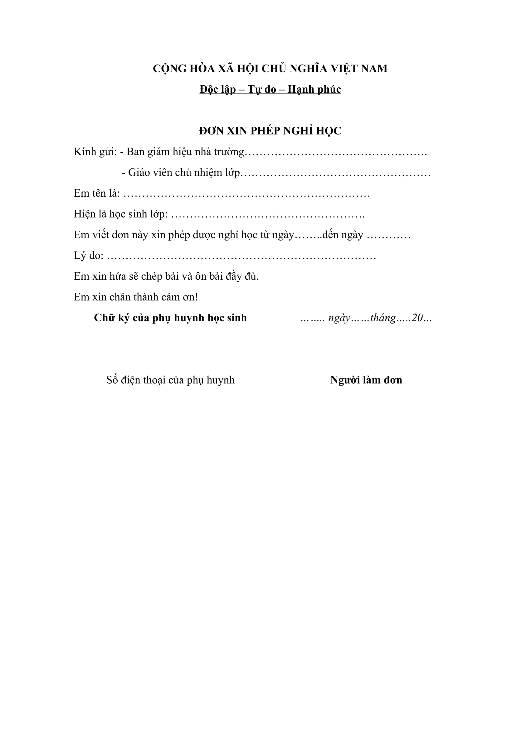 Mẫu đơn xin nghỉ phép của học sinh, sinh viên