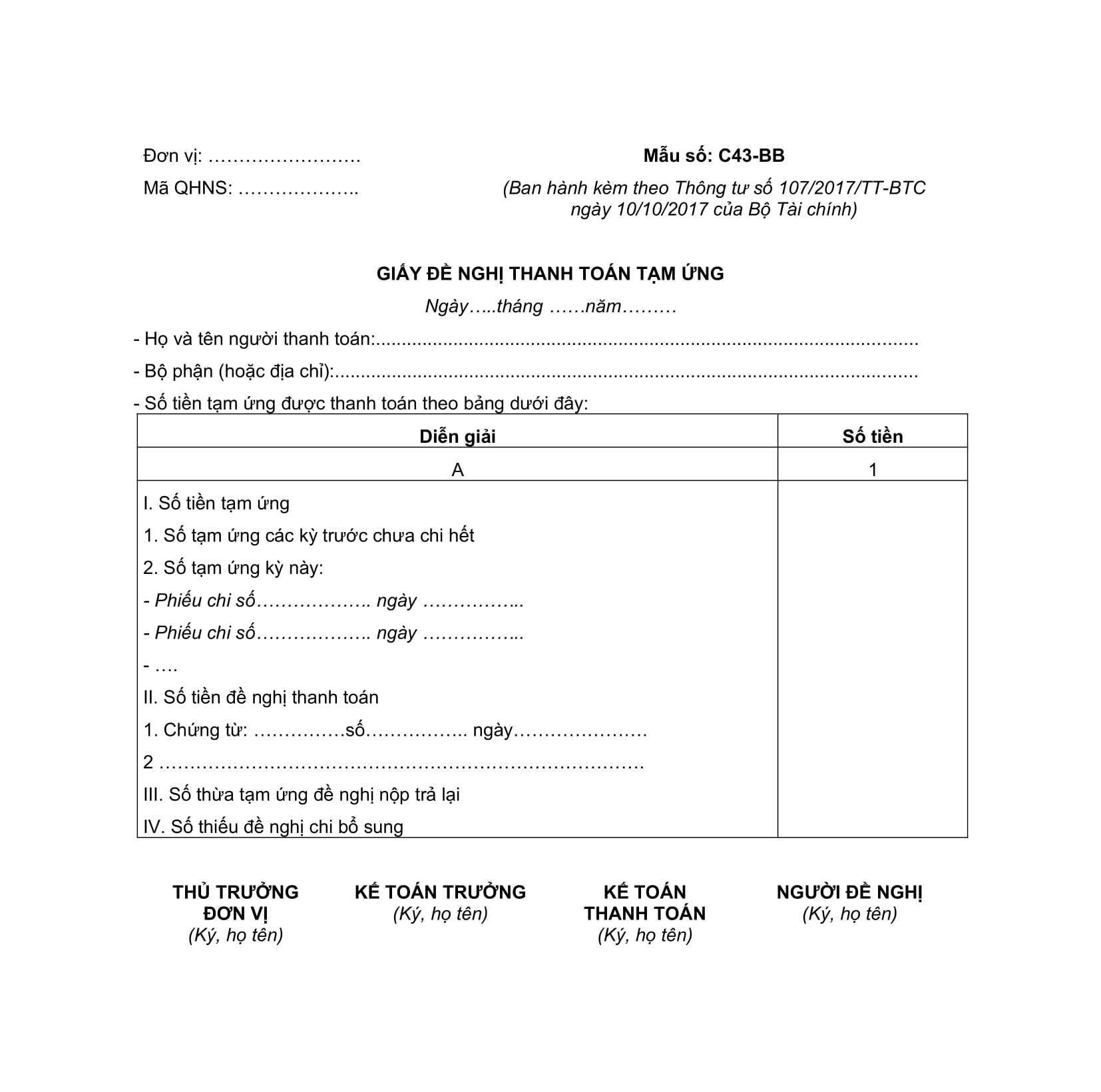 Mẫu giấy đề nghị thanh toán
