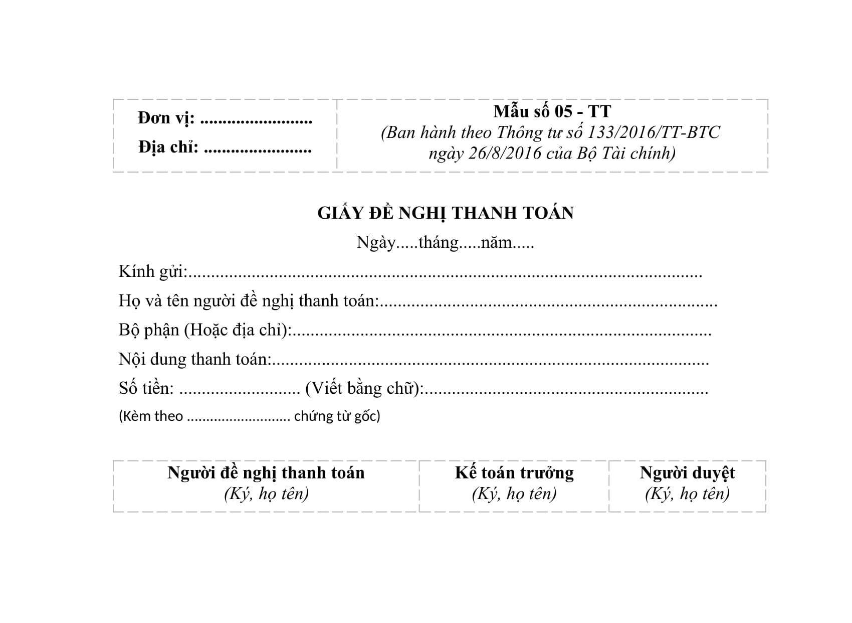 Mẫu giấy đề nghị thanh toán