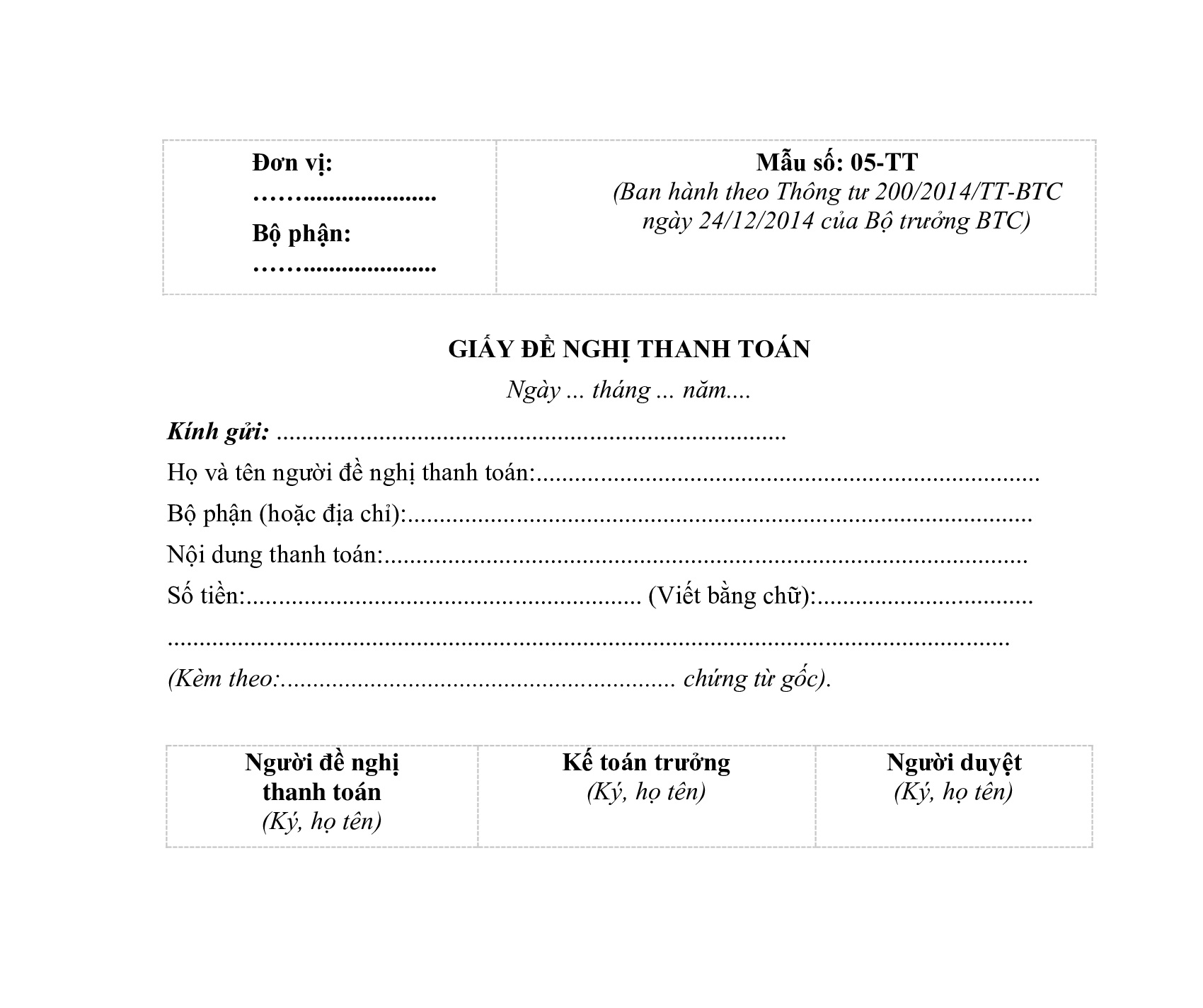 Mẫu giấy đề nghị thanh toán