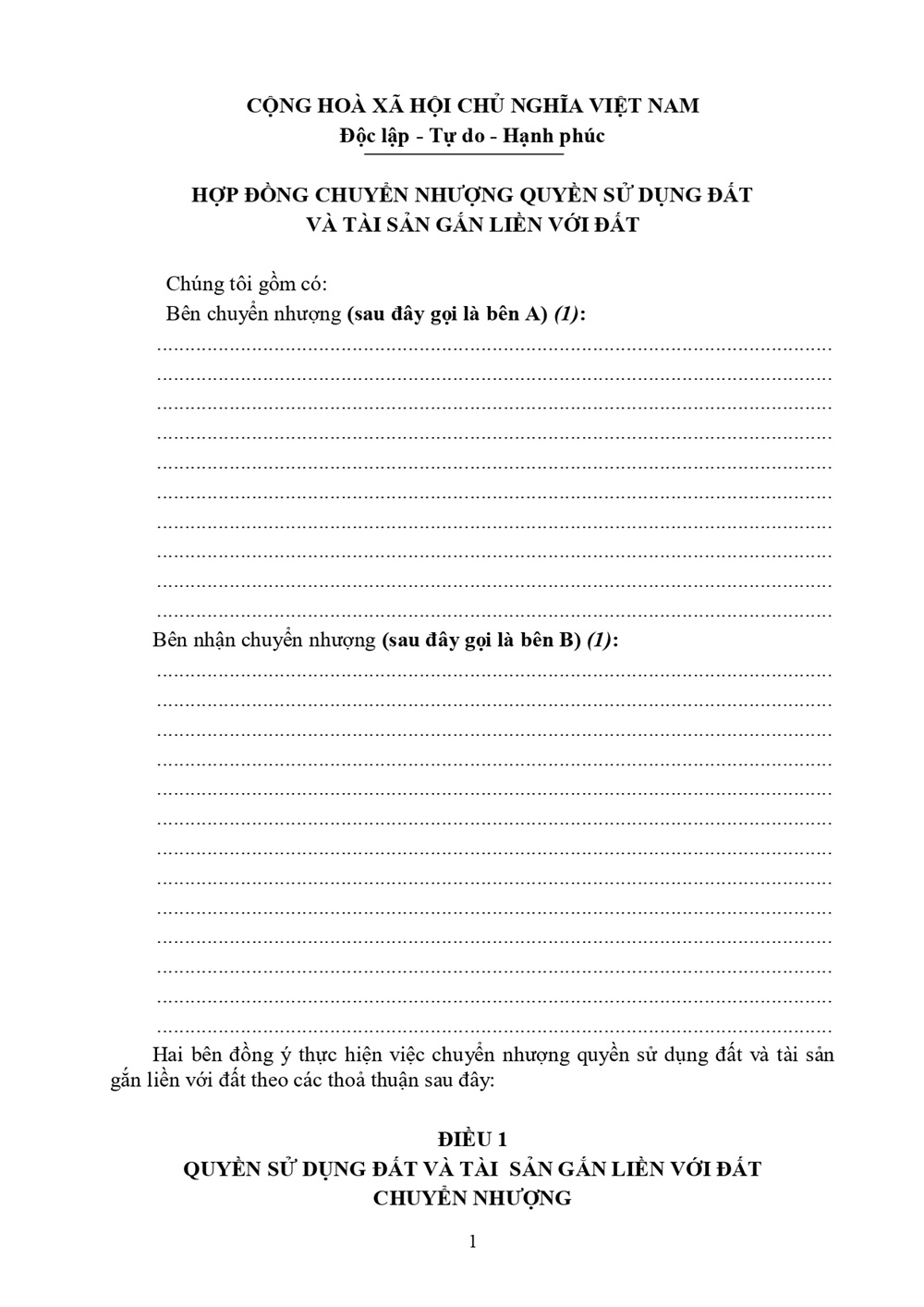 Mẫu hợp đồng chuyển nhượng sử dụng đất