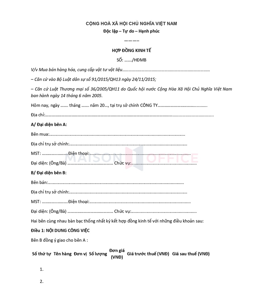 Mẫu hợp đồng kinh tế theo quy định