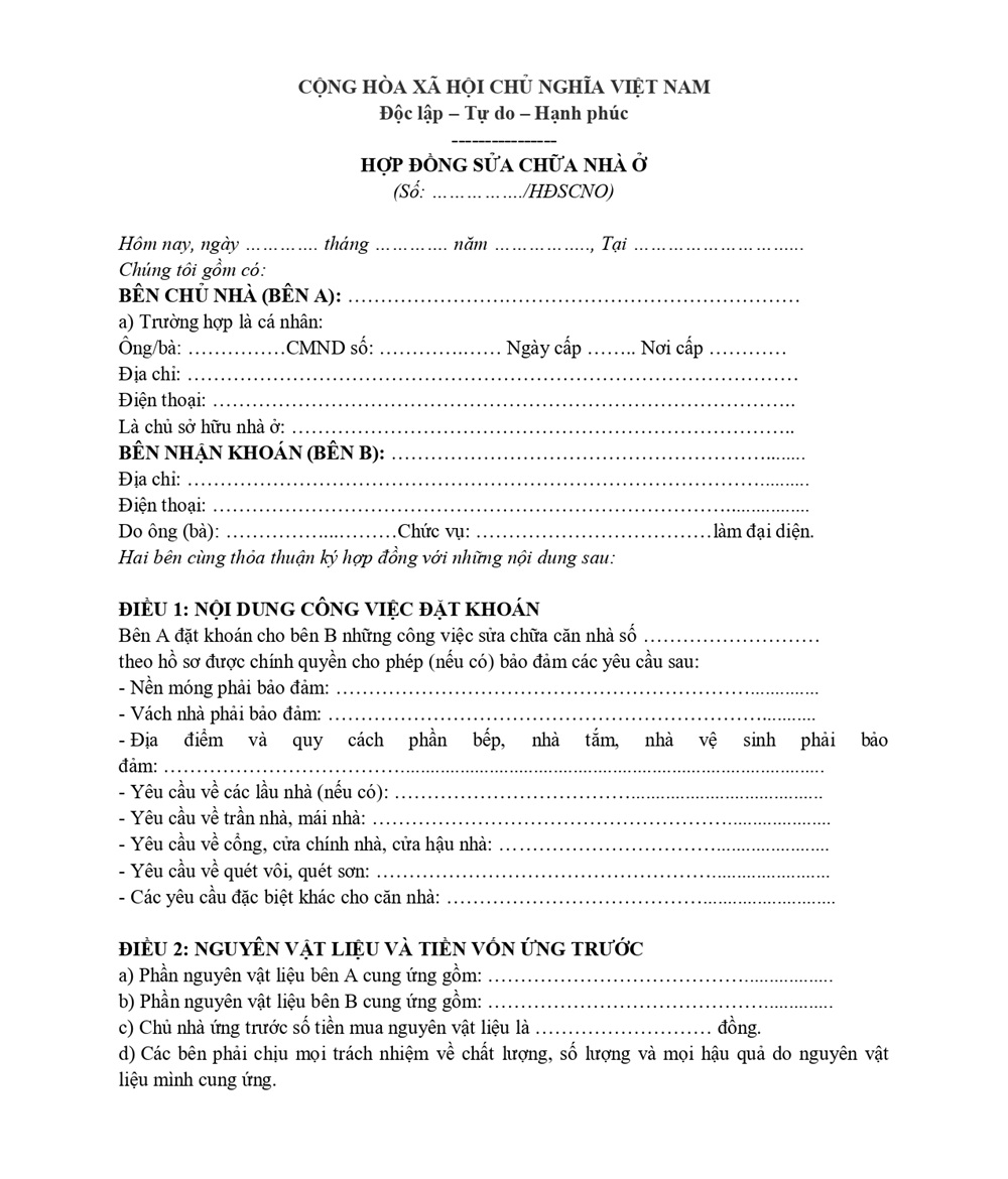 Hợp đồng sửa chữa nhà