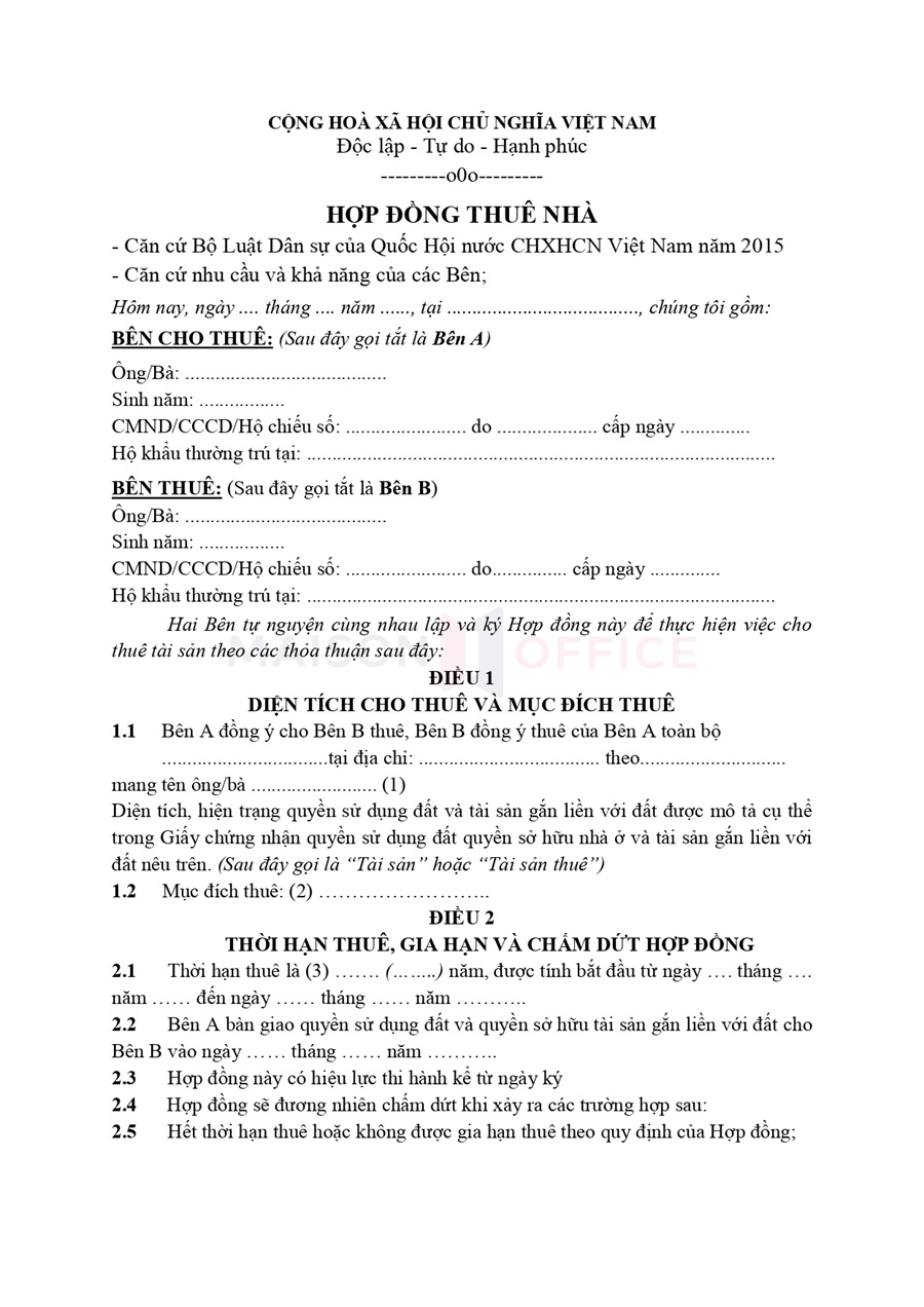 Mẫu hợp đồng thuê nhà ở