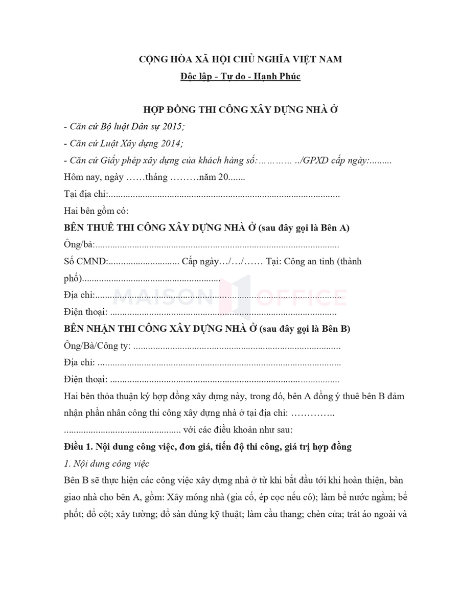 Mẫu hợp đồng xây dựng