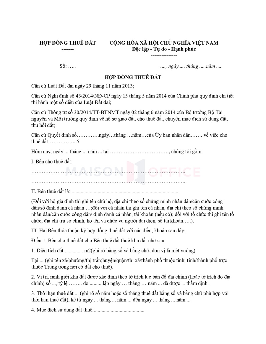 Mẫu hợp đồng cho thuê đất