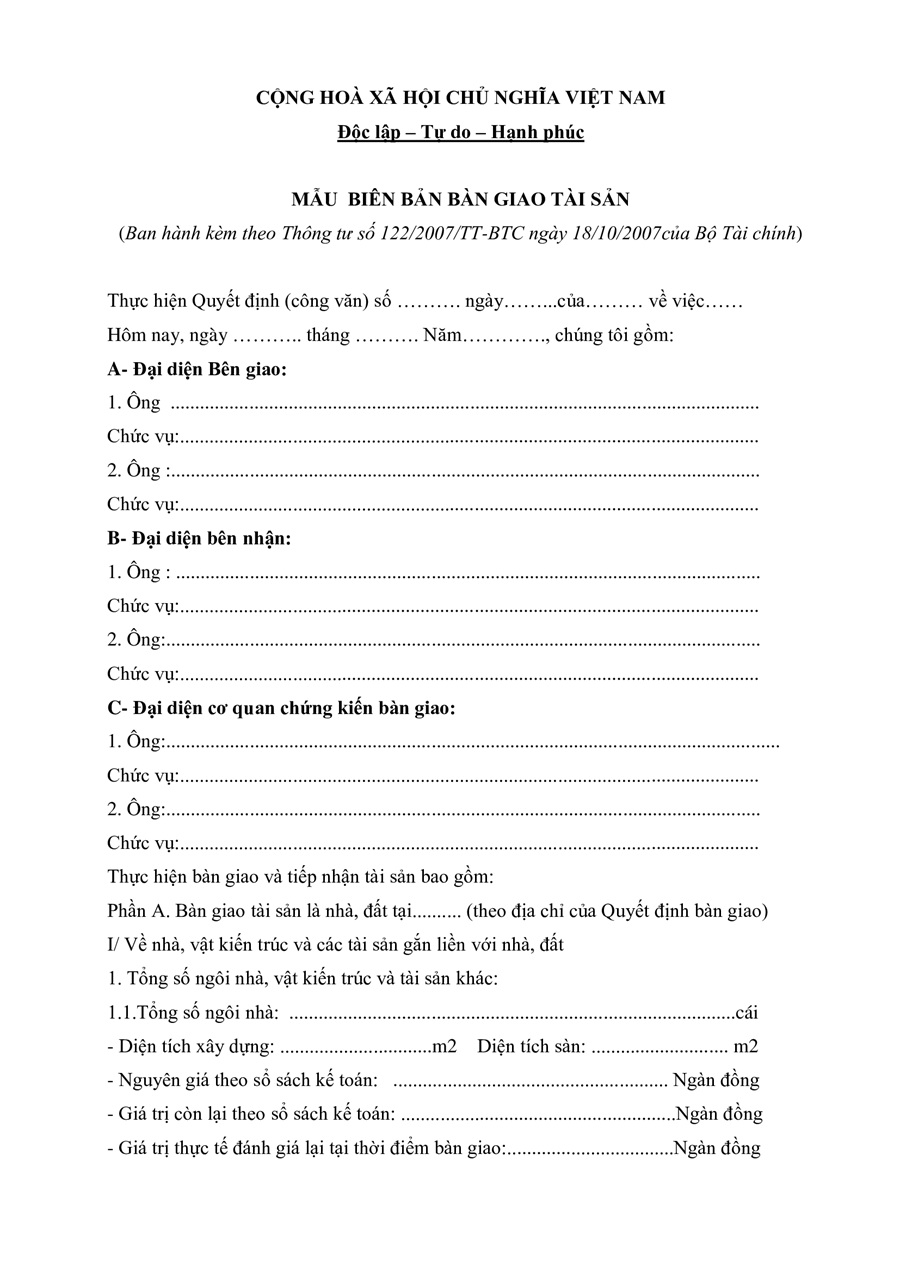 Mẫu biên bản bàn giao tài sản