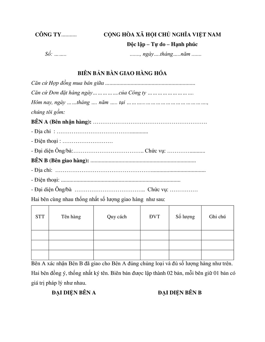 Mẫu biên bản bàn giao hàng hóa
