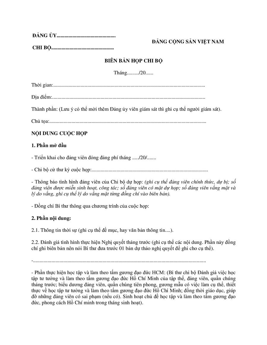 Mẫu biên bản họp chi bộ