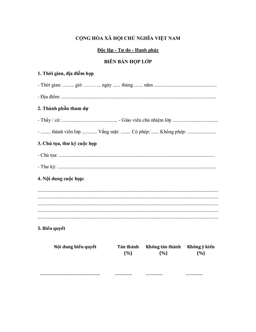 Mẫu biên bản họp lớp