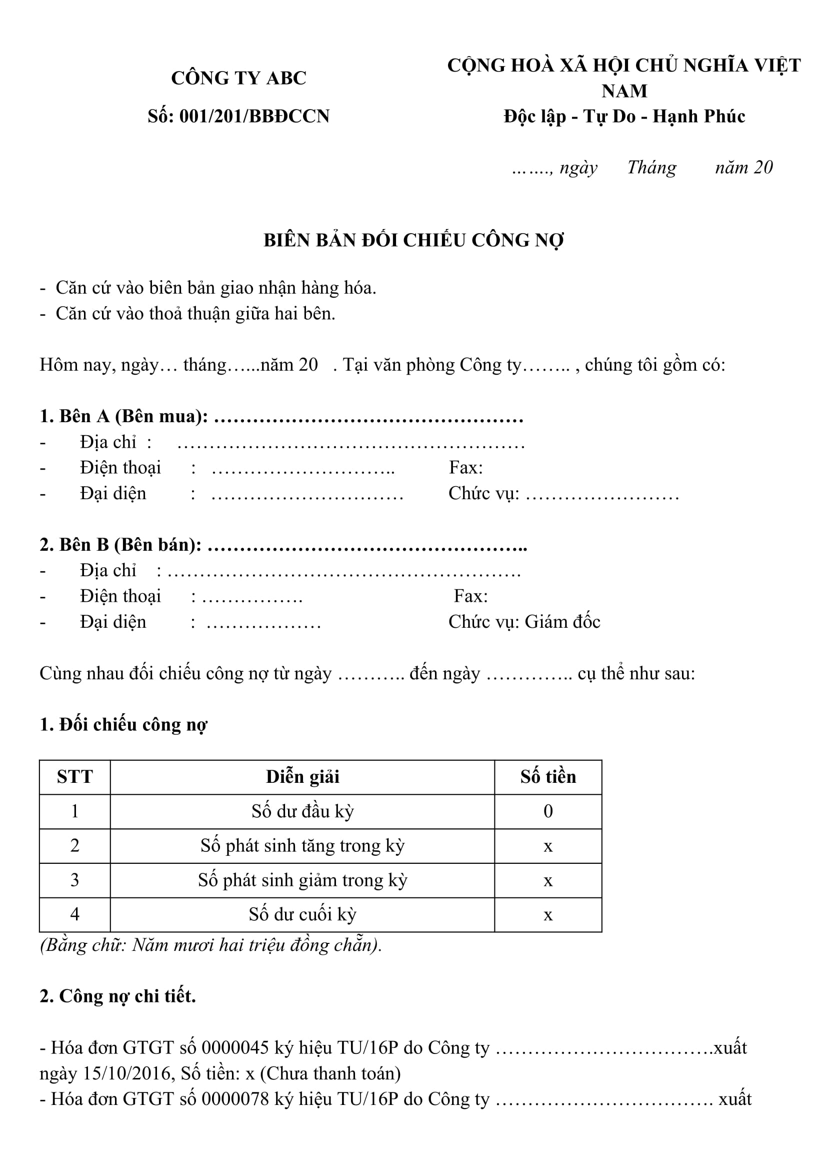 Mẫu đối chiếu công nợ