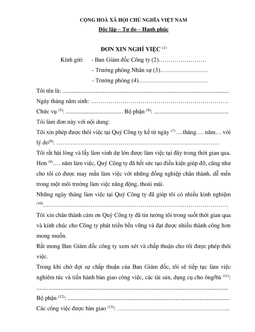 mẫu đơn xin nghỉ việc