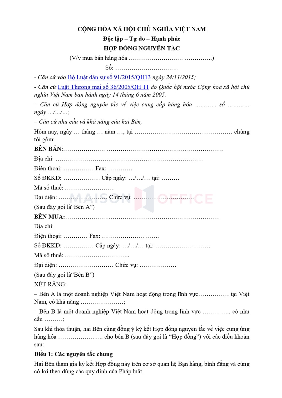 Mẫu hợp đồng nguyên tắc