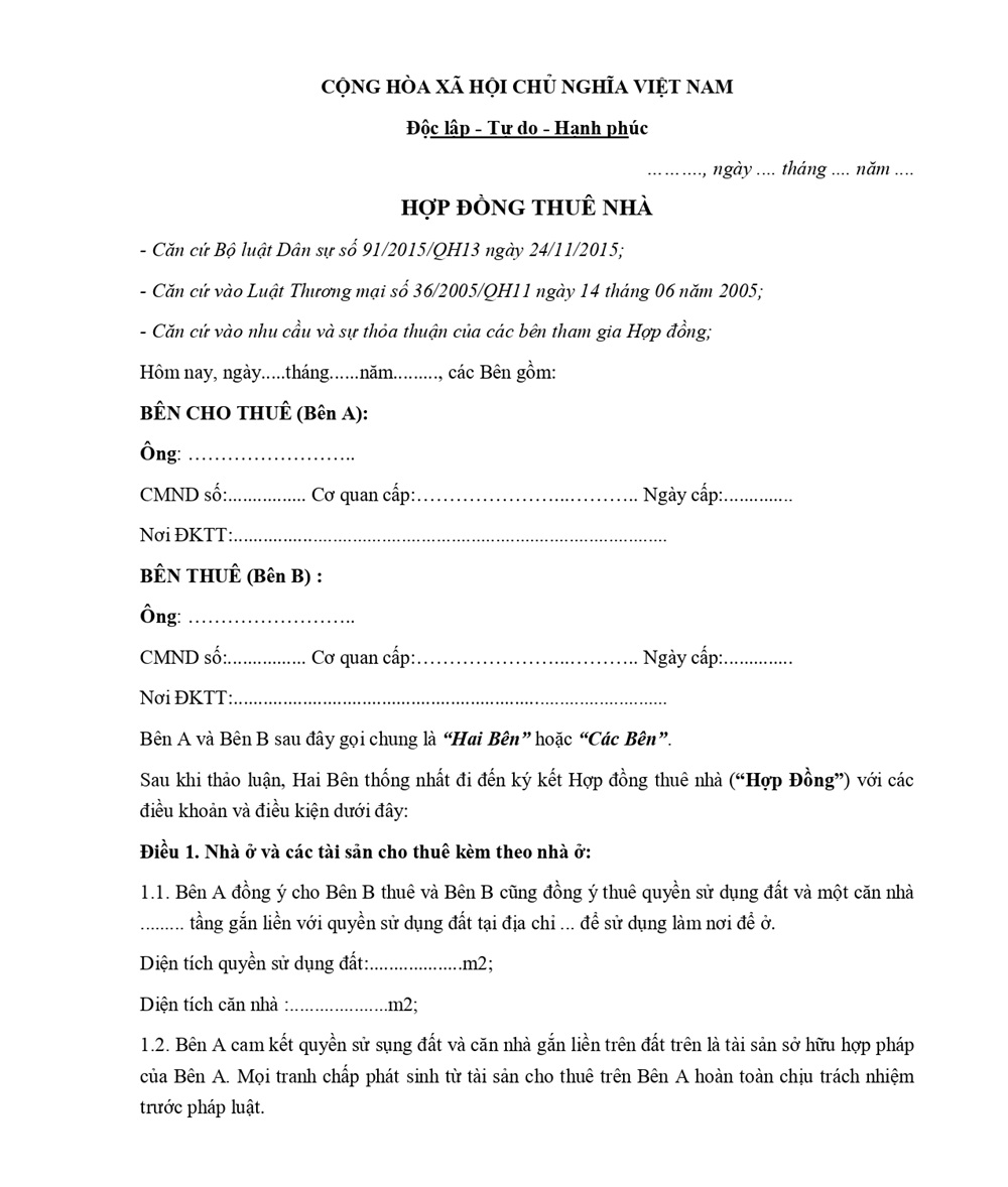 Mẫu hợp đồng thuê nhà nguyên căn