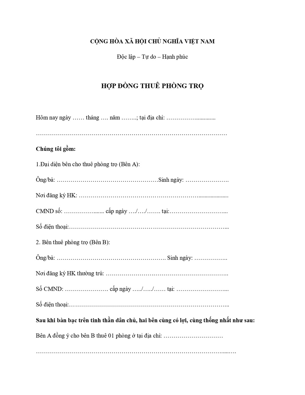 Mẫu hợp đồng thuê phòng trọ ngắn gọn