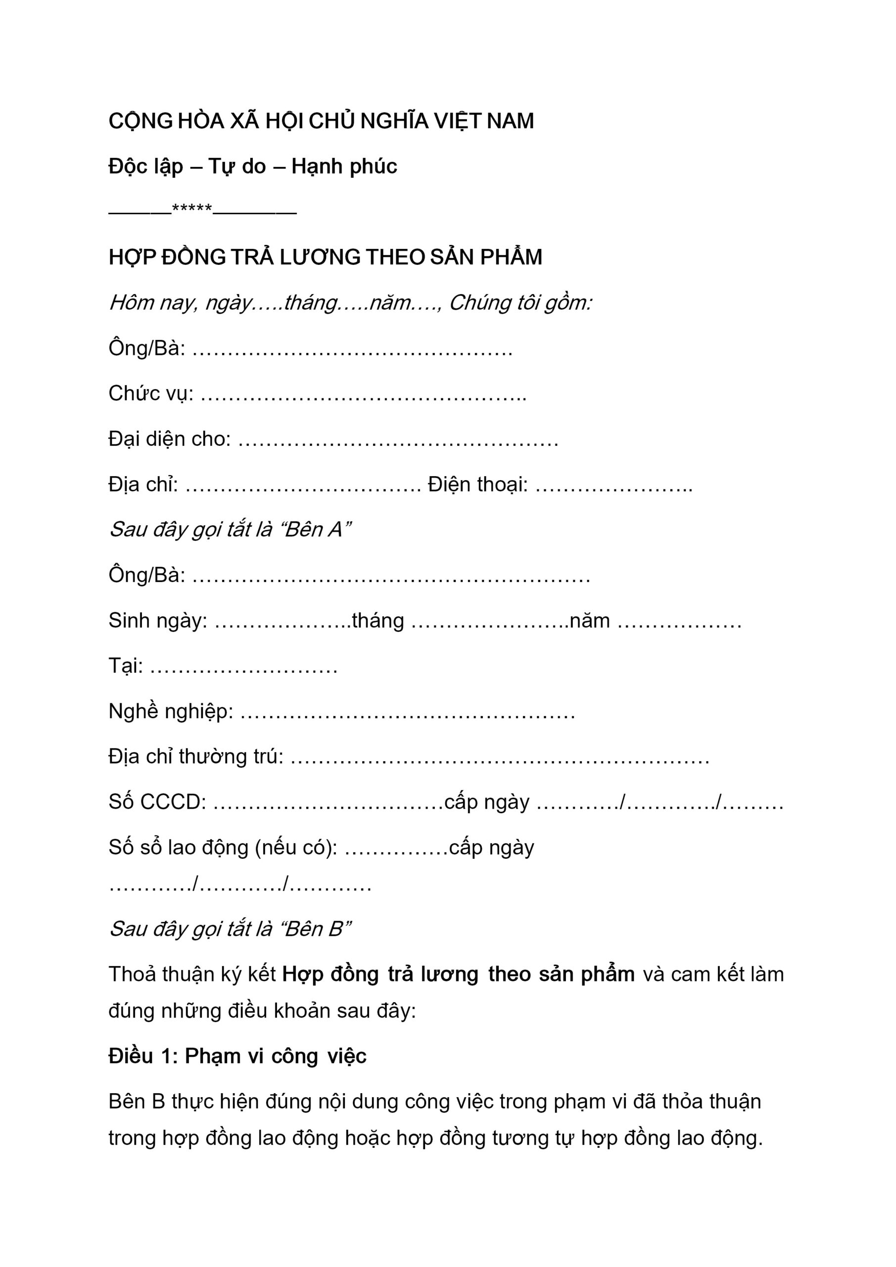 Hợp đồng khoán việc theo sản phẩm