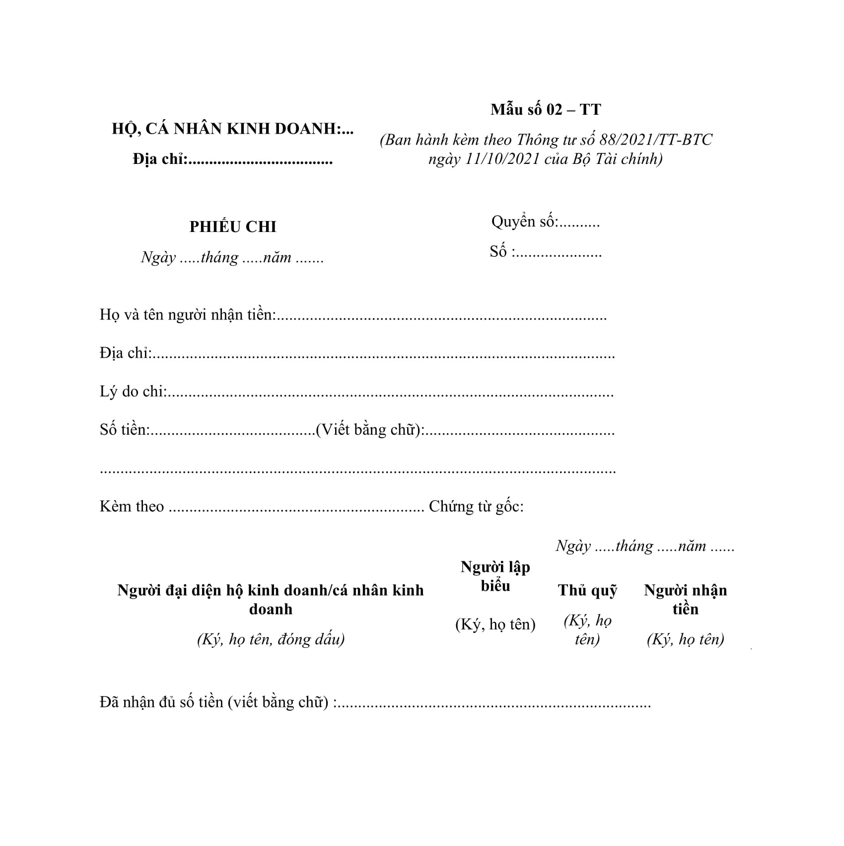 Mẫu phiếu chi theo quy định mới