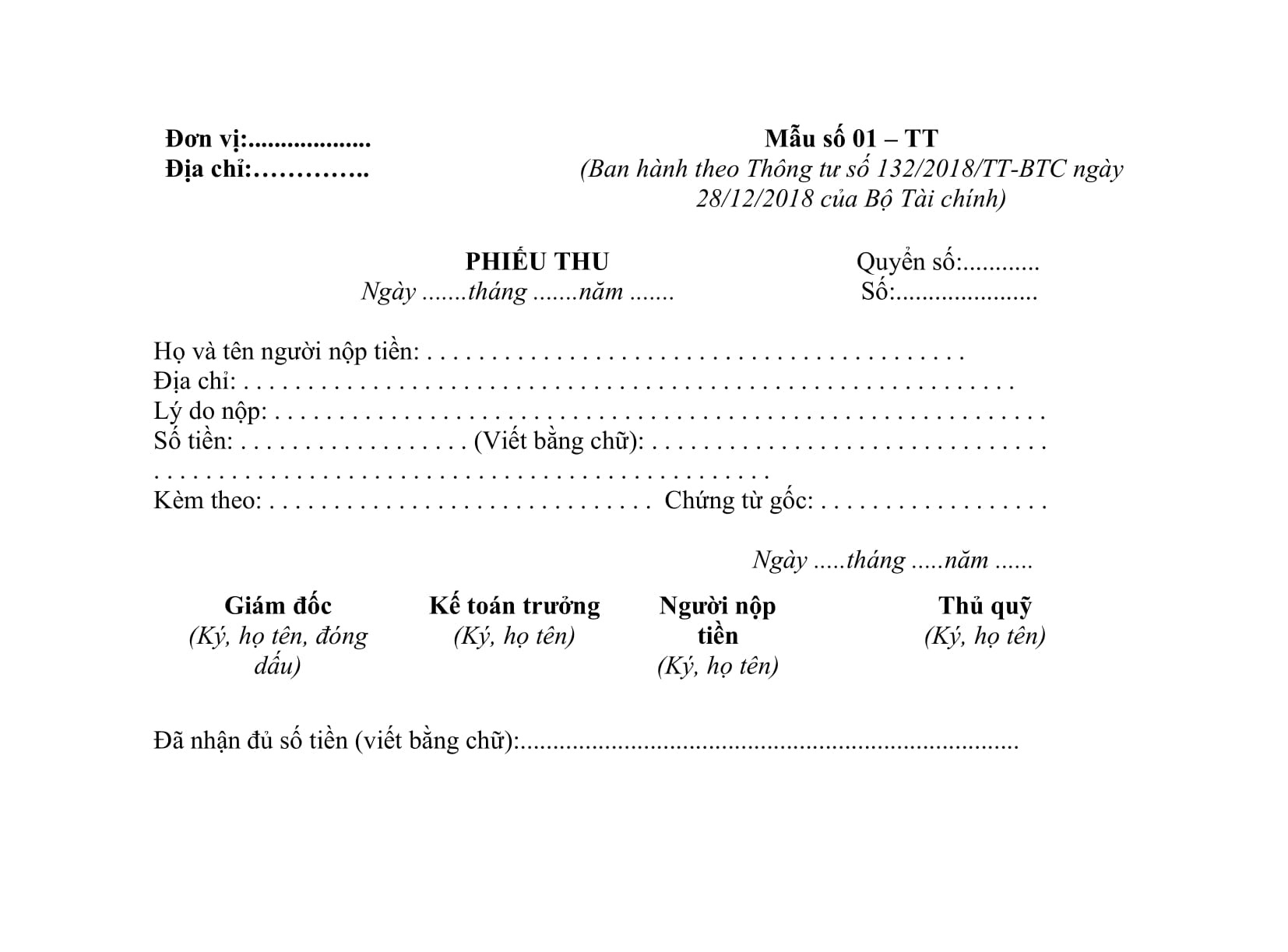 Mẫu phiếu thu